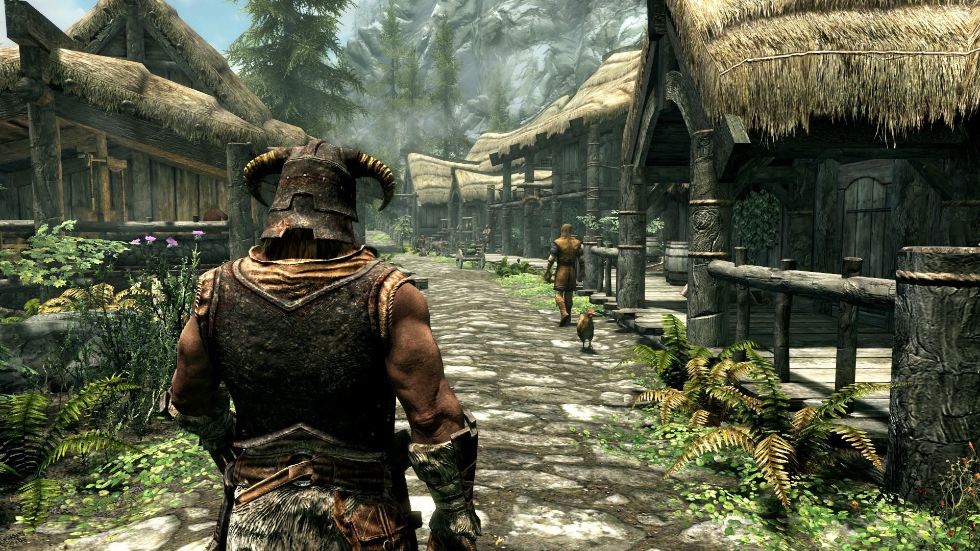 Screen przedstawiający bohatera w miasteczku w grze TES V: Skyrim
