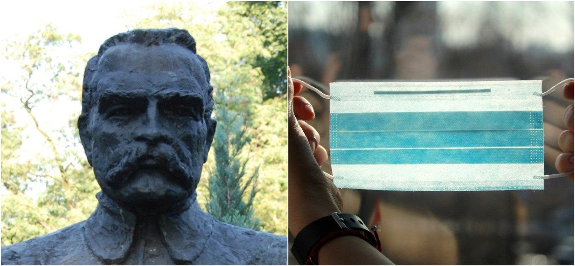 Polacy założyli maseczkę na pomnik Józefa Piłsudskiego
