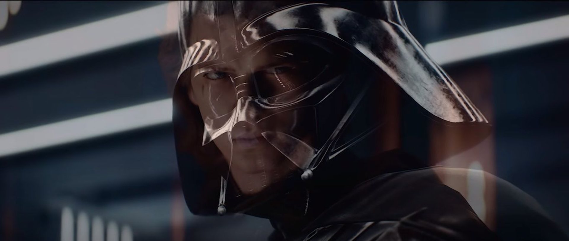 Screen ze zwiastuna Star Wars Battlefront 2 przedstawiający przejście Anakina i Vadera