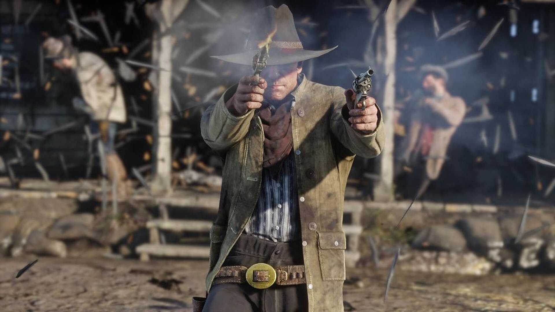 Fragment z gry Red Dead Redemption 2. Arthur Morgan strzela z rewolwerów.