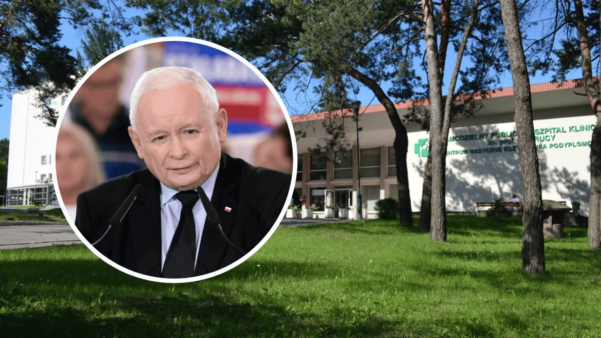 Jarosław Kaczyński, w tle szpital w Otwocku