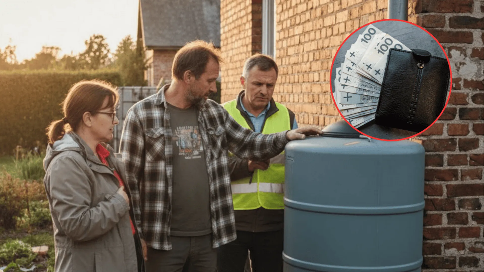 Dwóch kontrolerów sprawdza rury i zbiornik na deszczówkę, obok stoi właściciel posesji