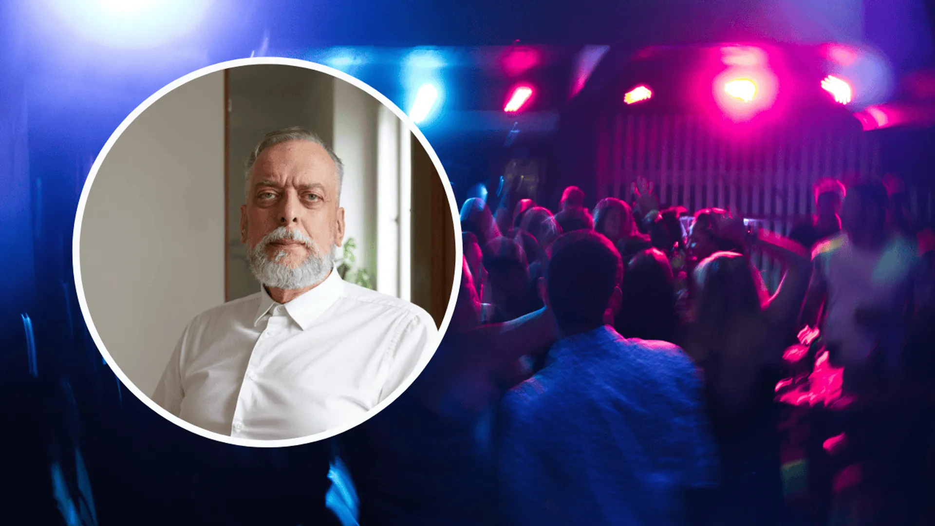 Ekspert w kółku, w tle klub i tańczący ludzie