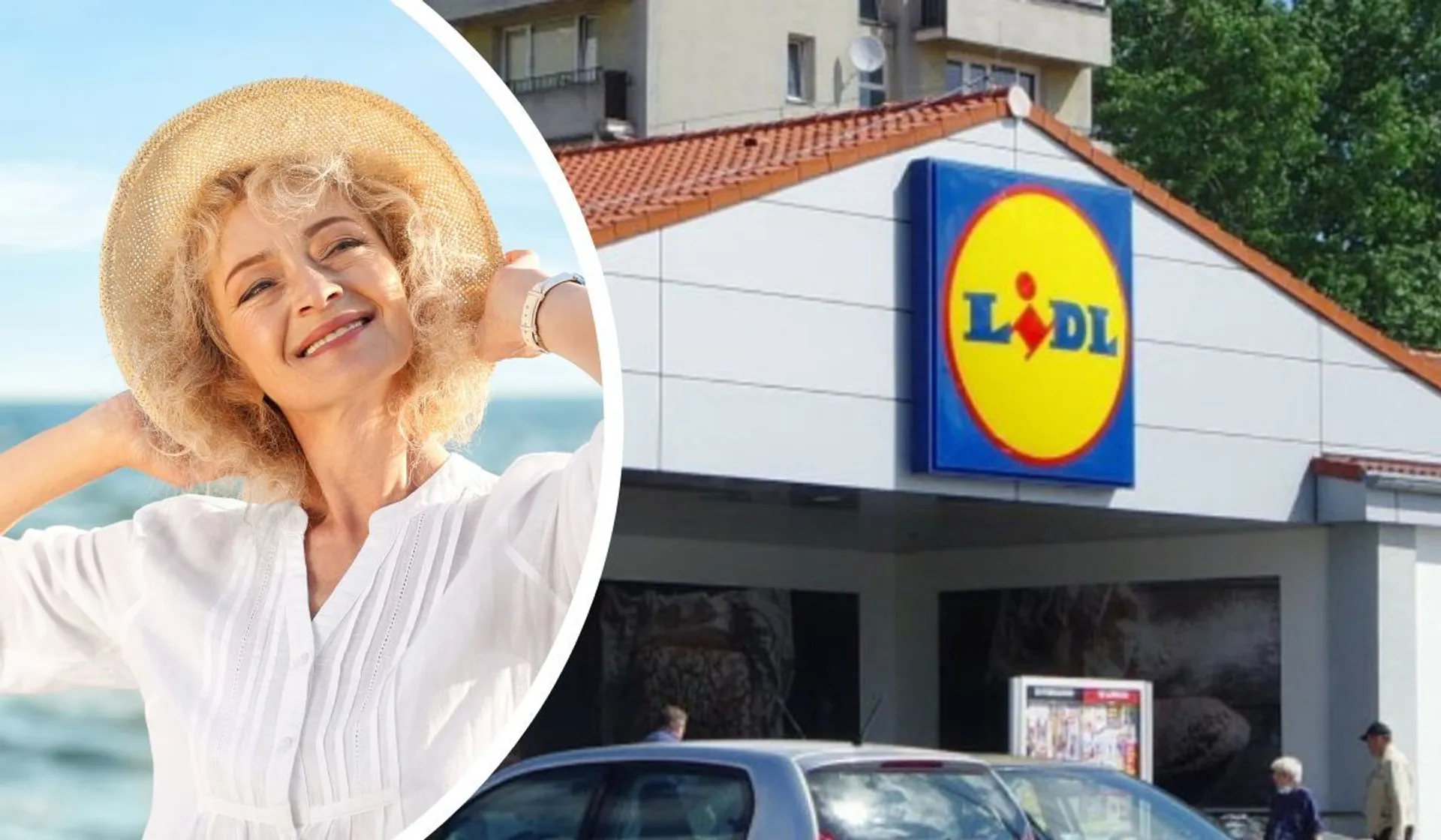Kobieta w słońcu i sklep Lidl