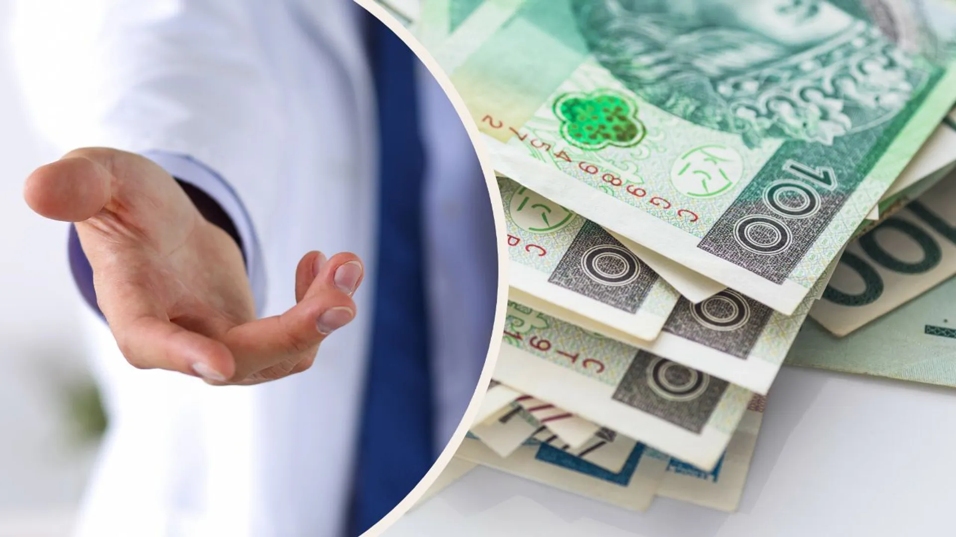 Lekarz wyciąga rękę po łapówkę, w tle pieniądze