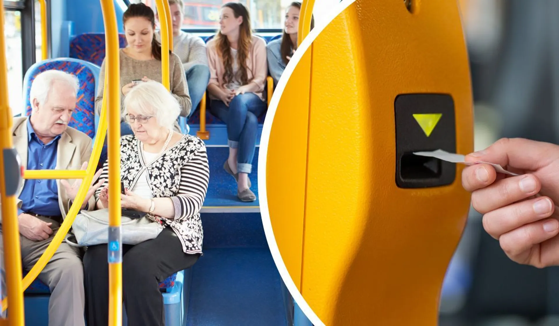 Pasażerowie w autobusie i kasownik z biletem