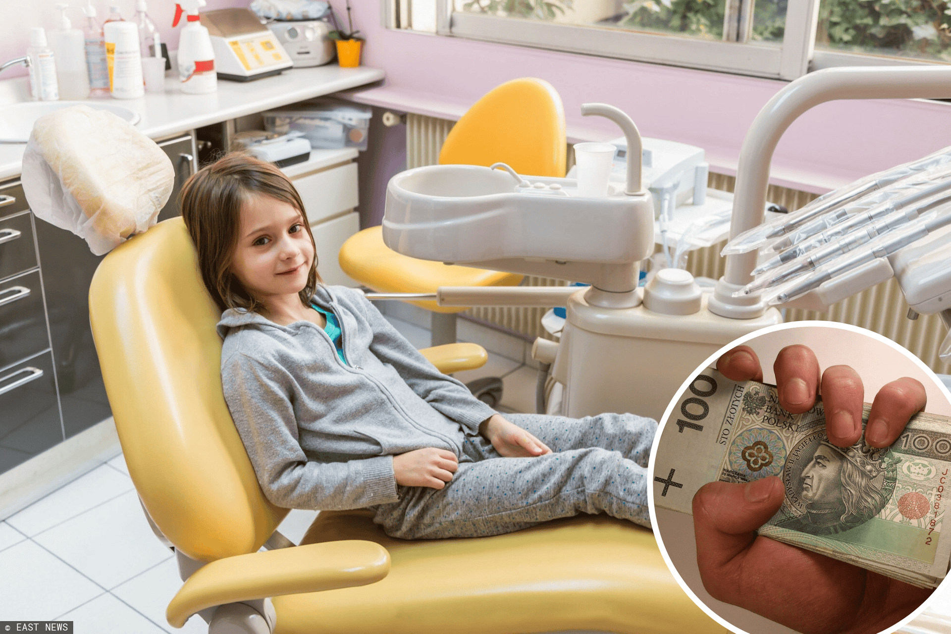 Dziewczynka na fotelu dentystycznym i pieniądze