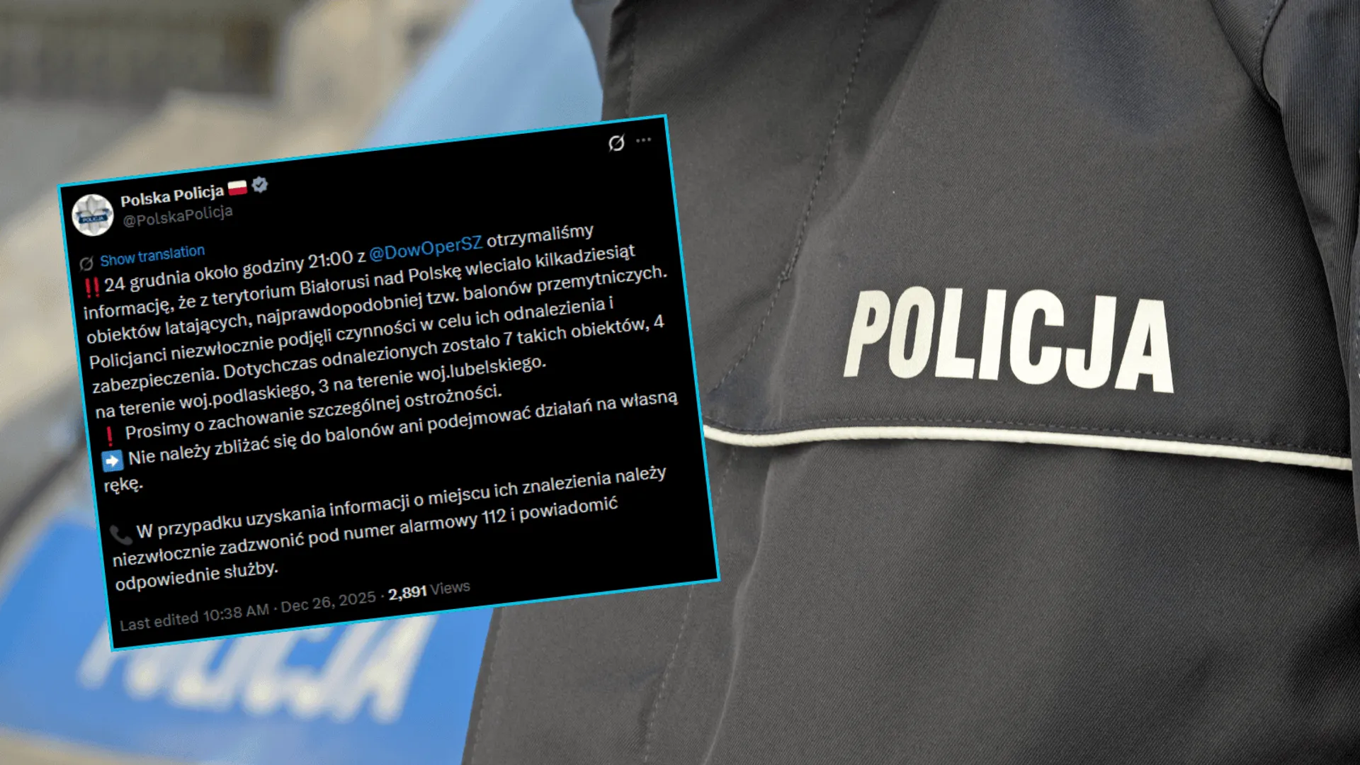 Polska Policja publikuje pilny komunikat na platformie X: Kilkadziesiąt balonów wleciało znad Białorusi