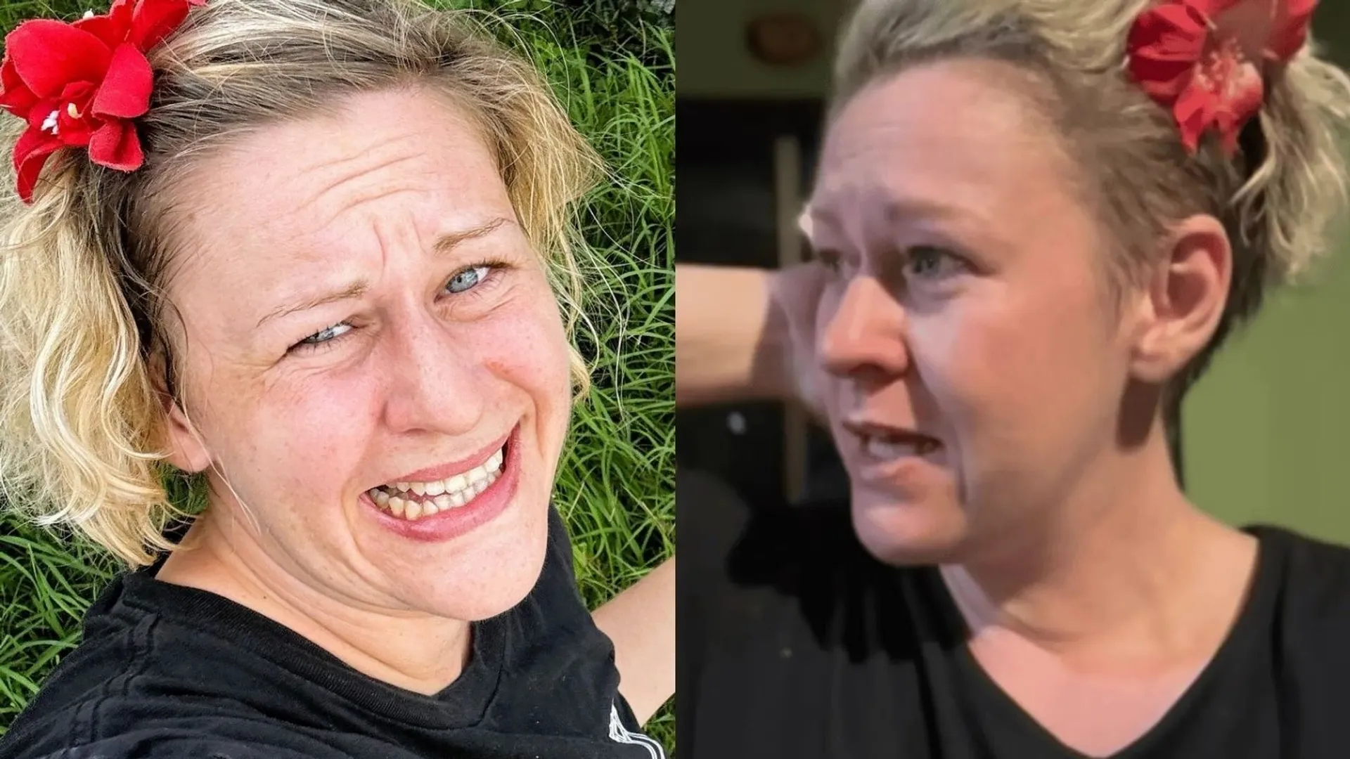 Dominika Clarke z kwiatem we włosach i w rozpaczy