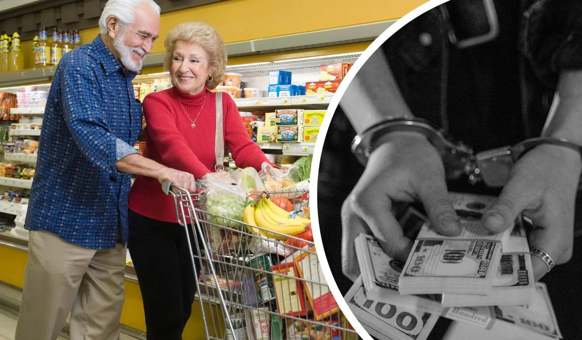 Seniorzy na zakupach i oszust w kajdankach z pieniędzmi