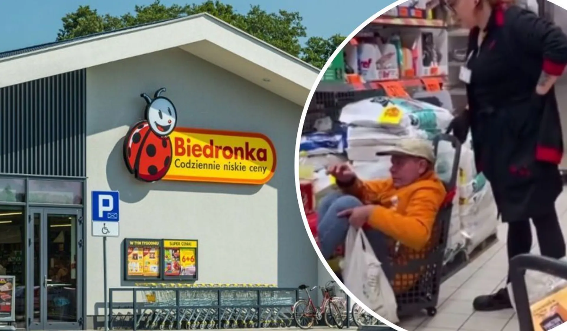 Utknął w koszyku w Biedronce