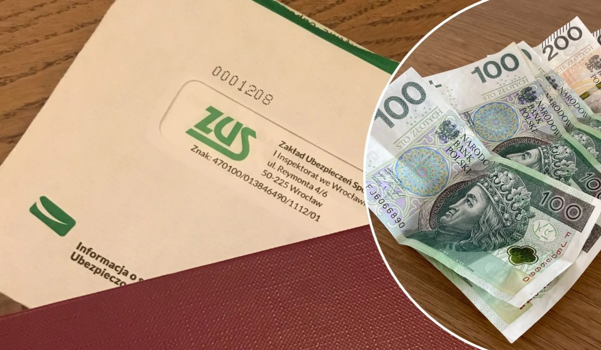 Koperta z logo ZUS-u, pieniądze