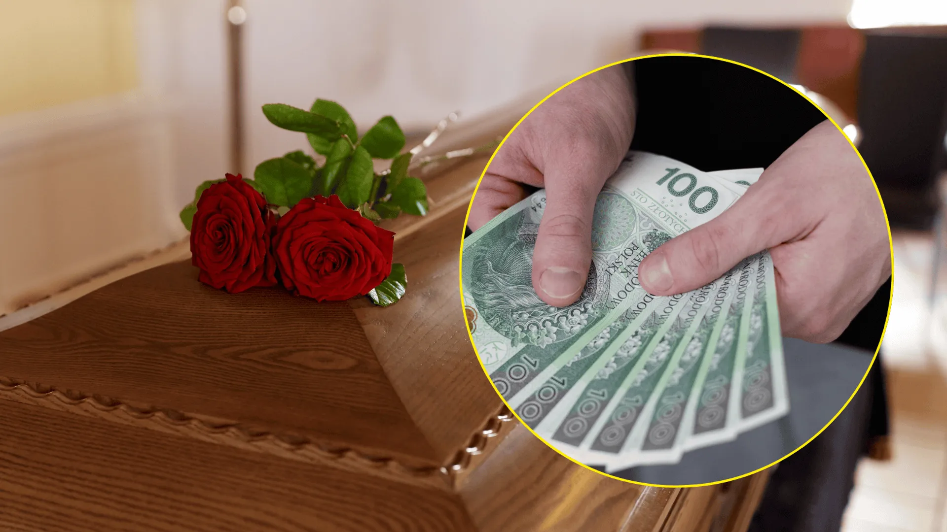 trumna na której leżą kwiaty i dłonie trzymające banknoty PLN