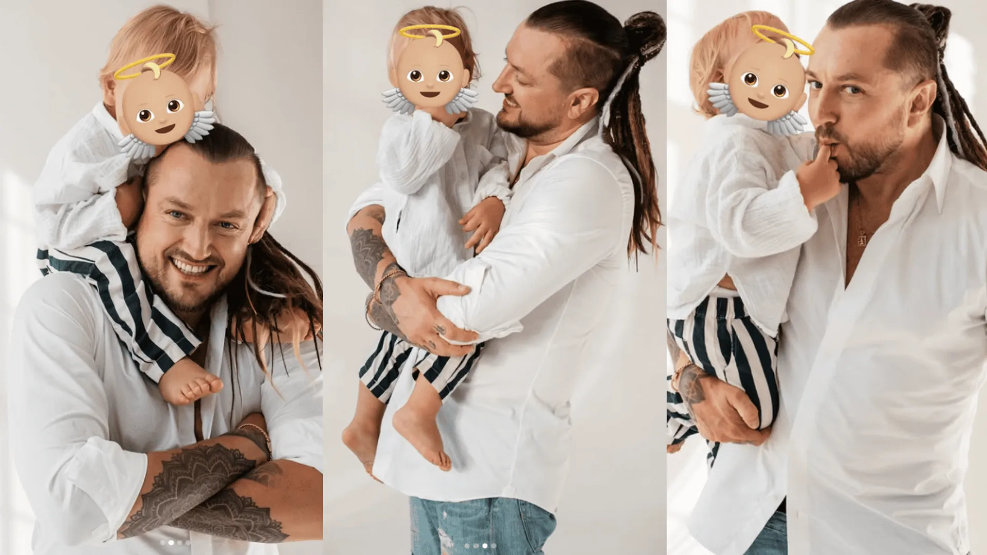 Alek Baron podczas sesji zdjęciowej z synkiem.