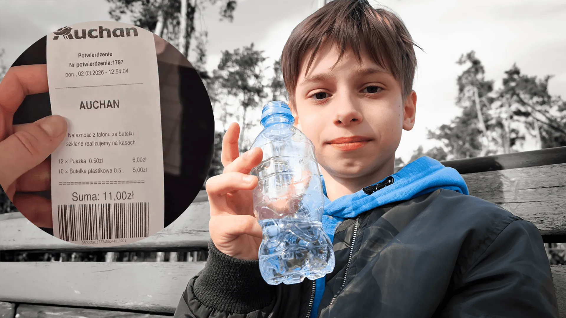 chłopiec z plastikową butelką, zwrot, kaucja, voucher auchan
