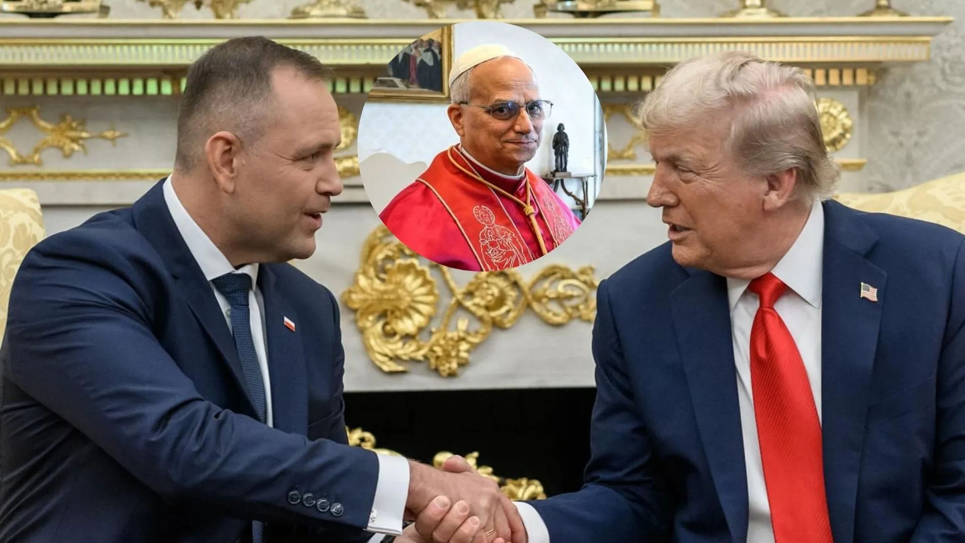 Karol Nawrocki obok Donalda Trumpa i Leona XIV