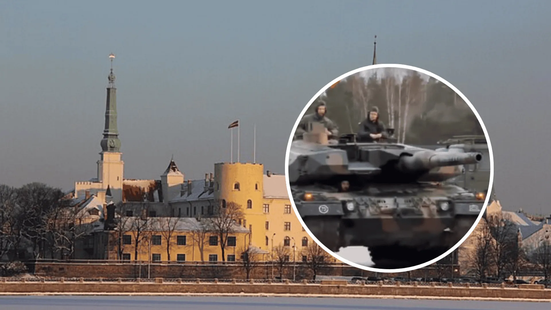 Zamek Ryski, a w ramce Karol Nawrocki w czołgu.