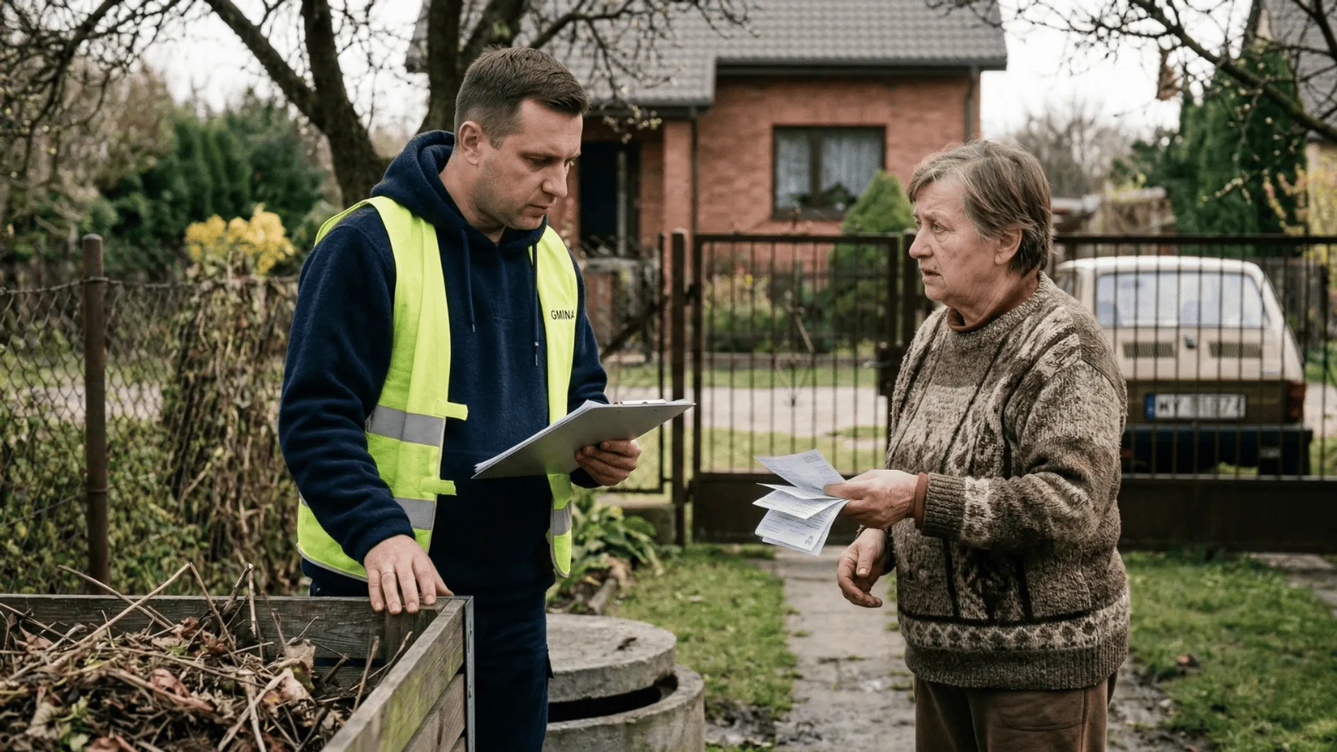 Urzędnik gminny w kamizelce odblaskowej przegląda dokumenty wraz z właścicielką domu podczas wiosennej kontroli posesji. Na pierwszym planie widać kompostownik i właz do szamba.