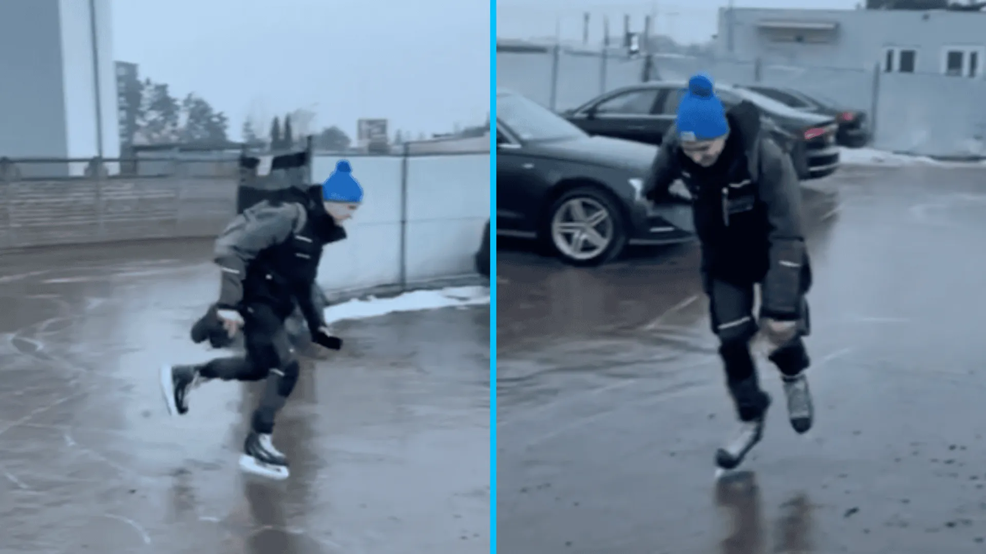 Pracownik wjechał na parking firmowy na łyżwach, fot. Ekg AutoSerwis/Facebook