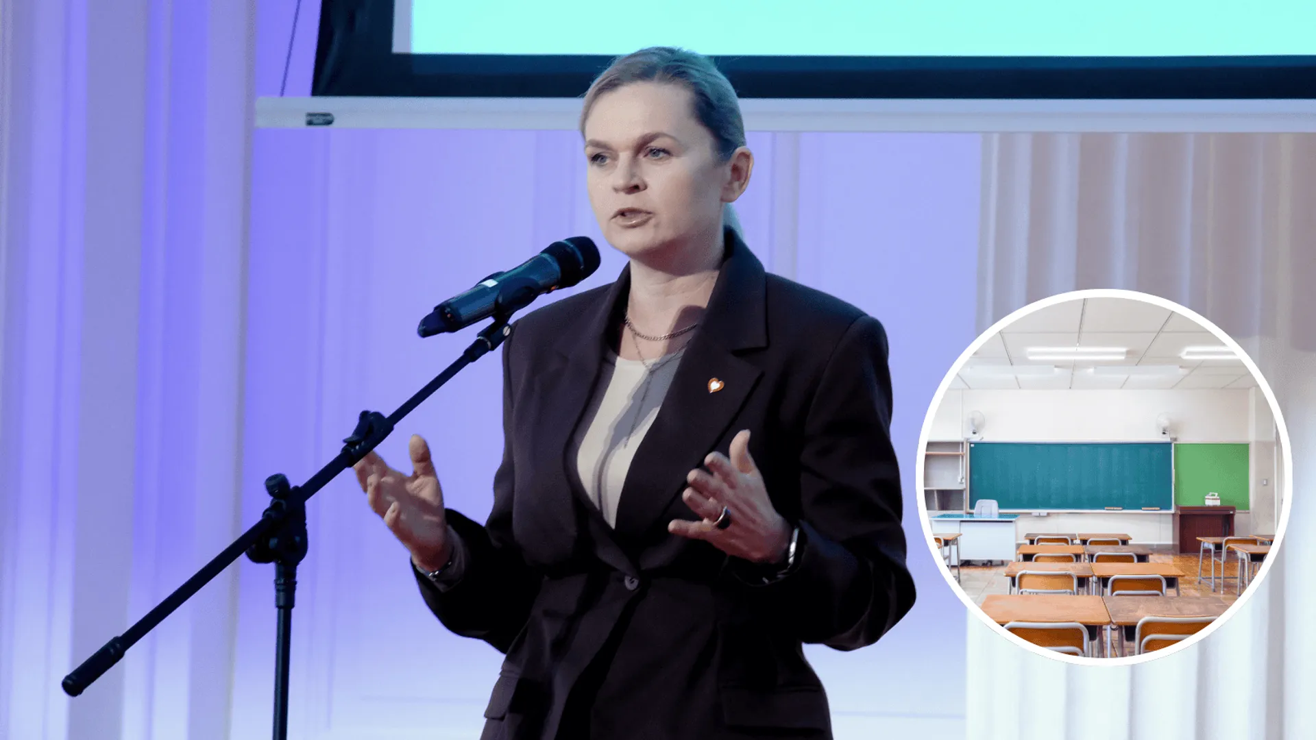 Przemawiająca Barbara Nowacka, a w ramce wnętrze szkolnej klasy.
