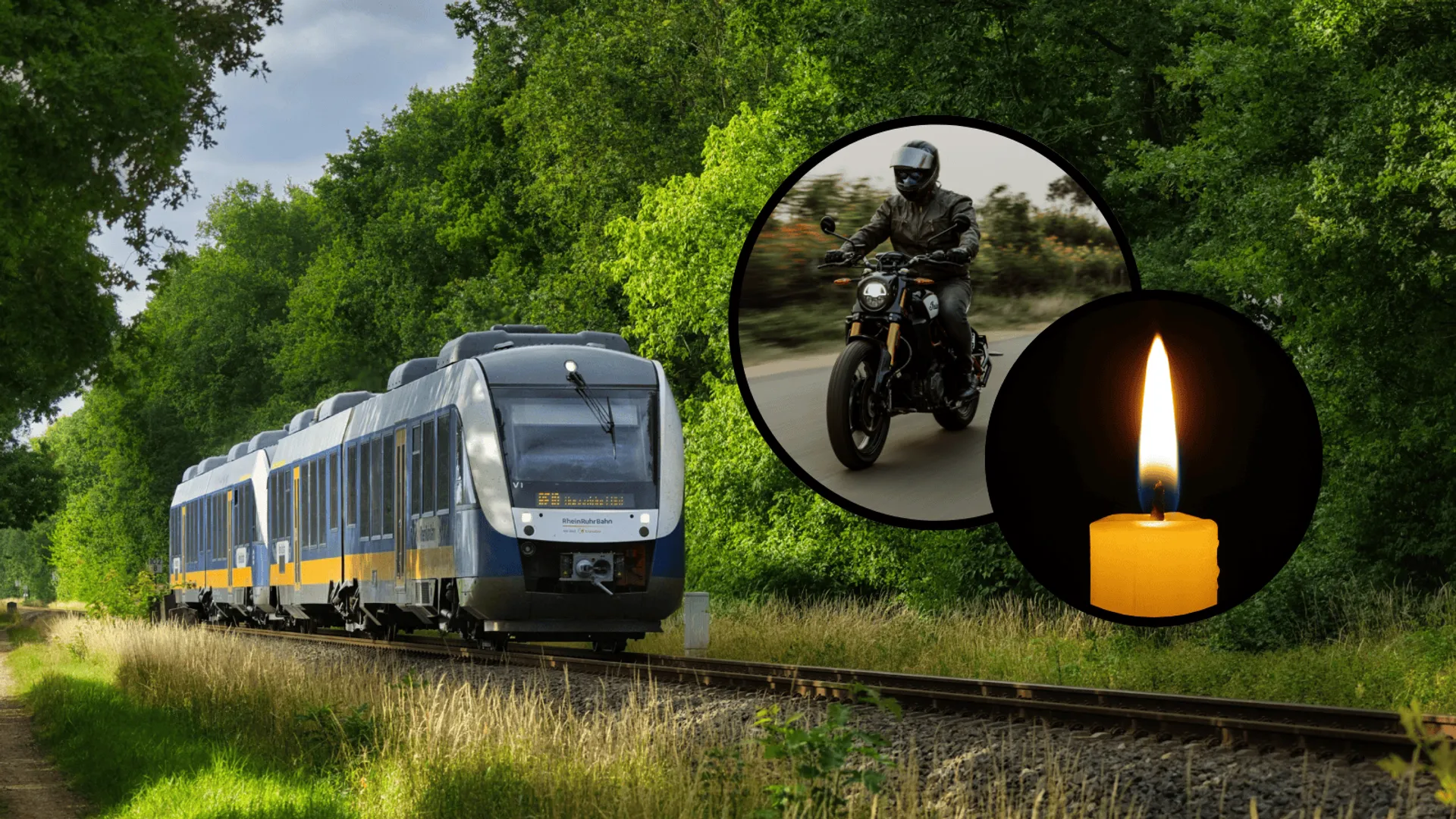 Pociąg (zdj. ilustracyjne), motocyklista (zdj. ilustracyjne, w kółku), świeczka (zdj. ilustracyjne, w kółku)