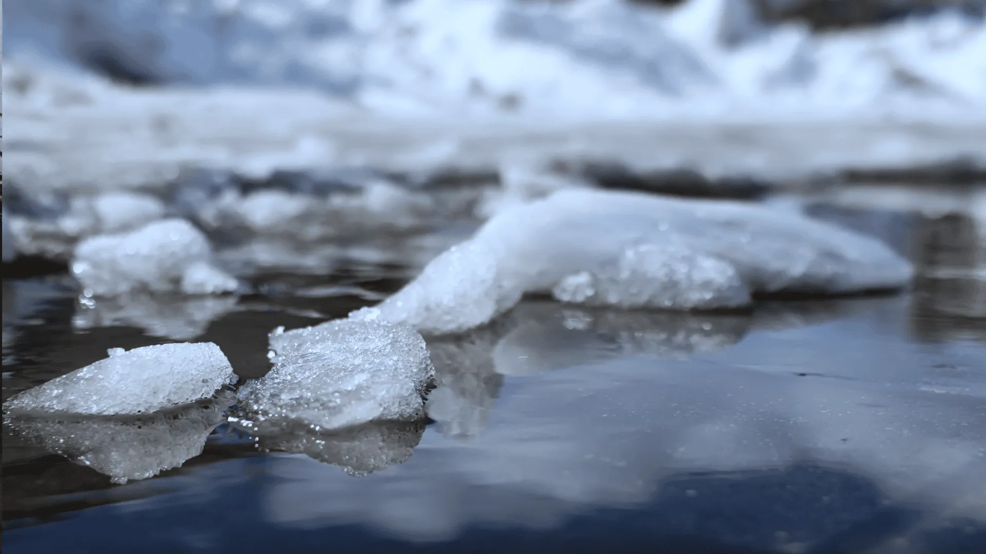 Topniejące bryły śniegu leżące na mokrej nawierzchni podczas odwilży.