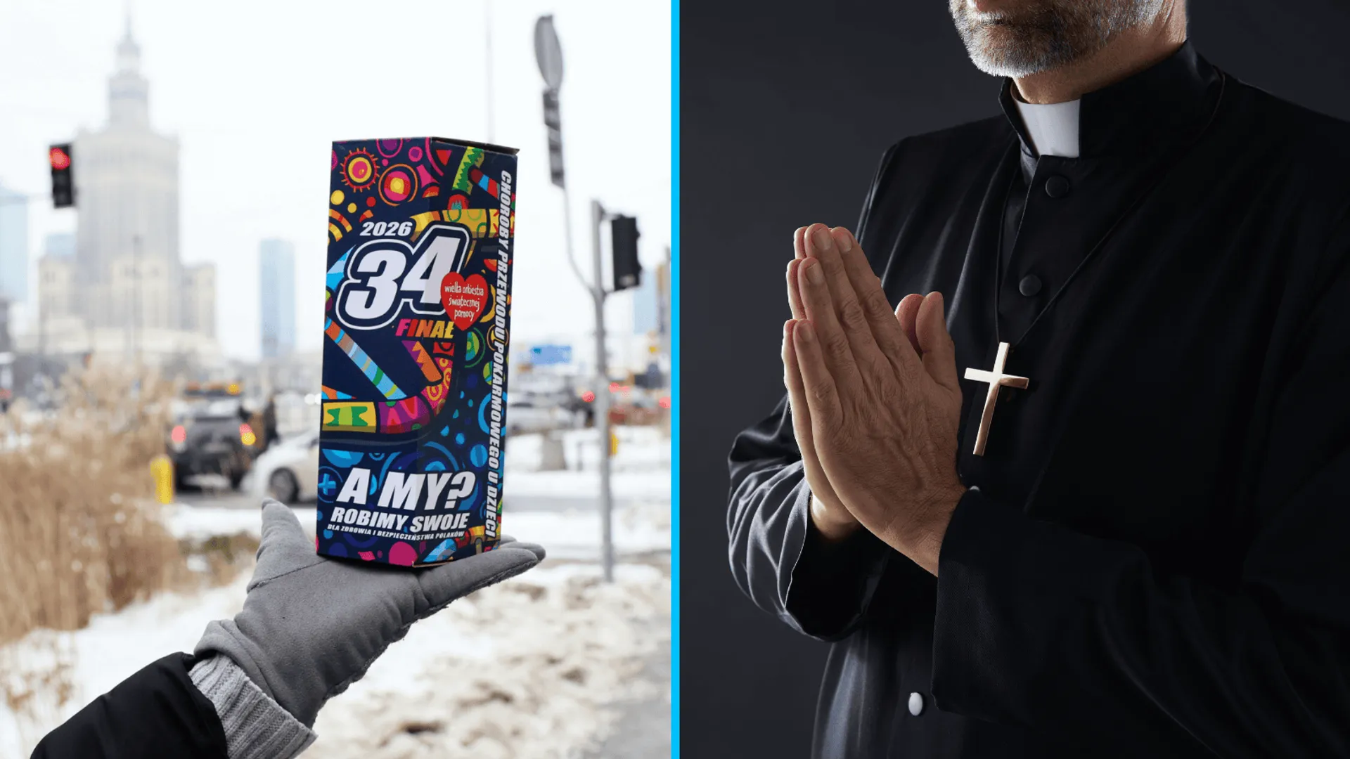 Puszka WOŚP, Ksiądz, fot. Wojciech Olkusnik/East News, Canva