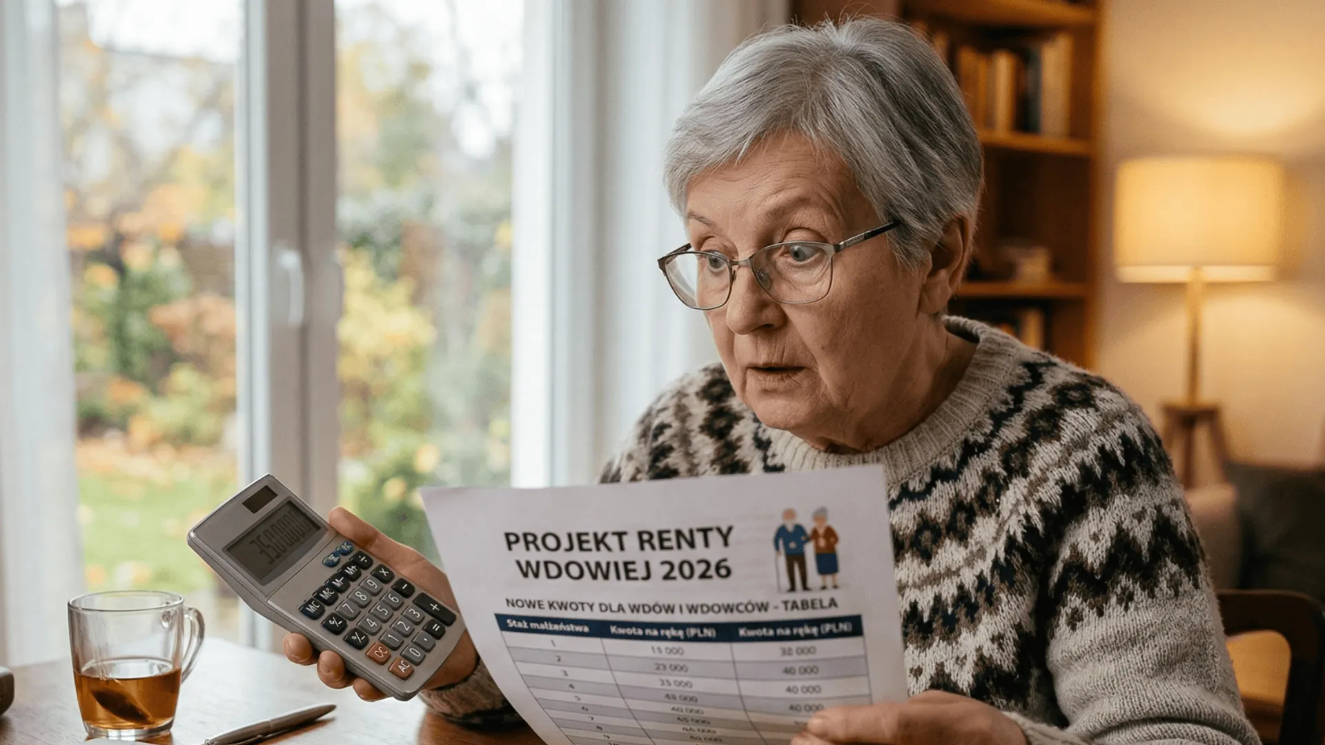 Zaskoczona starsza kobieta w okularach siedzi przy stole z kalkulatorem w dłoni i analizuje dokument z tabelą zatytułowany "Projekt renty wdowiej 2026".