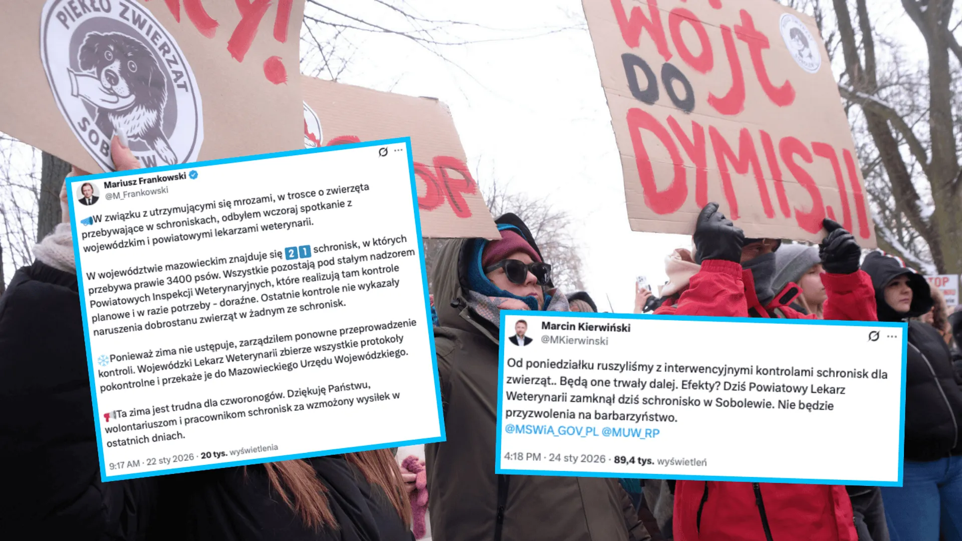 Protest w sprawie schroniska dla zwierzat w Sobolewie, fot. PRZEMYSLAW WIERZCHOWSKI/REPORTER, Mariusz Frankowski/X, Marcin Kierwiński/X