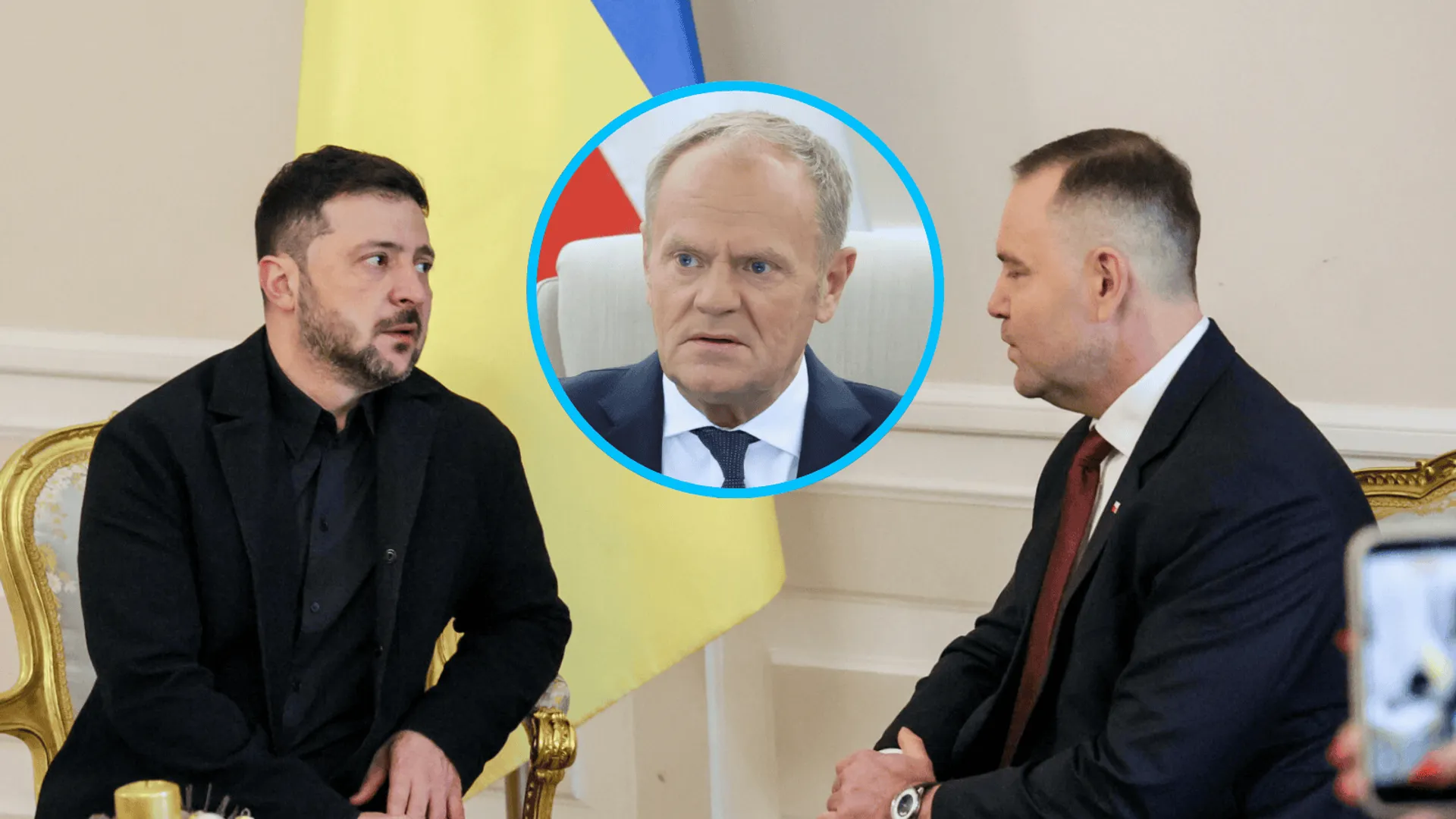 Wołodymyr Zełenski, Donald Tusk (w kółku), Karol Nawrocki
