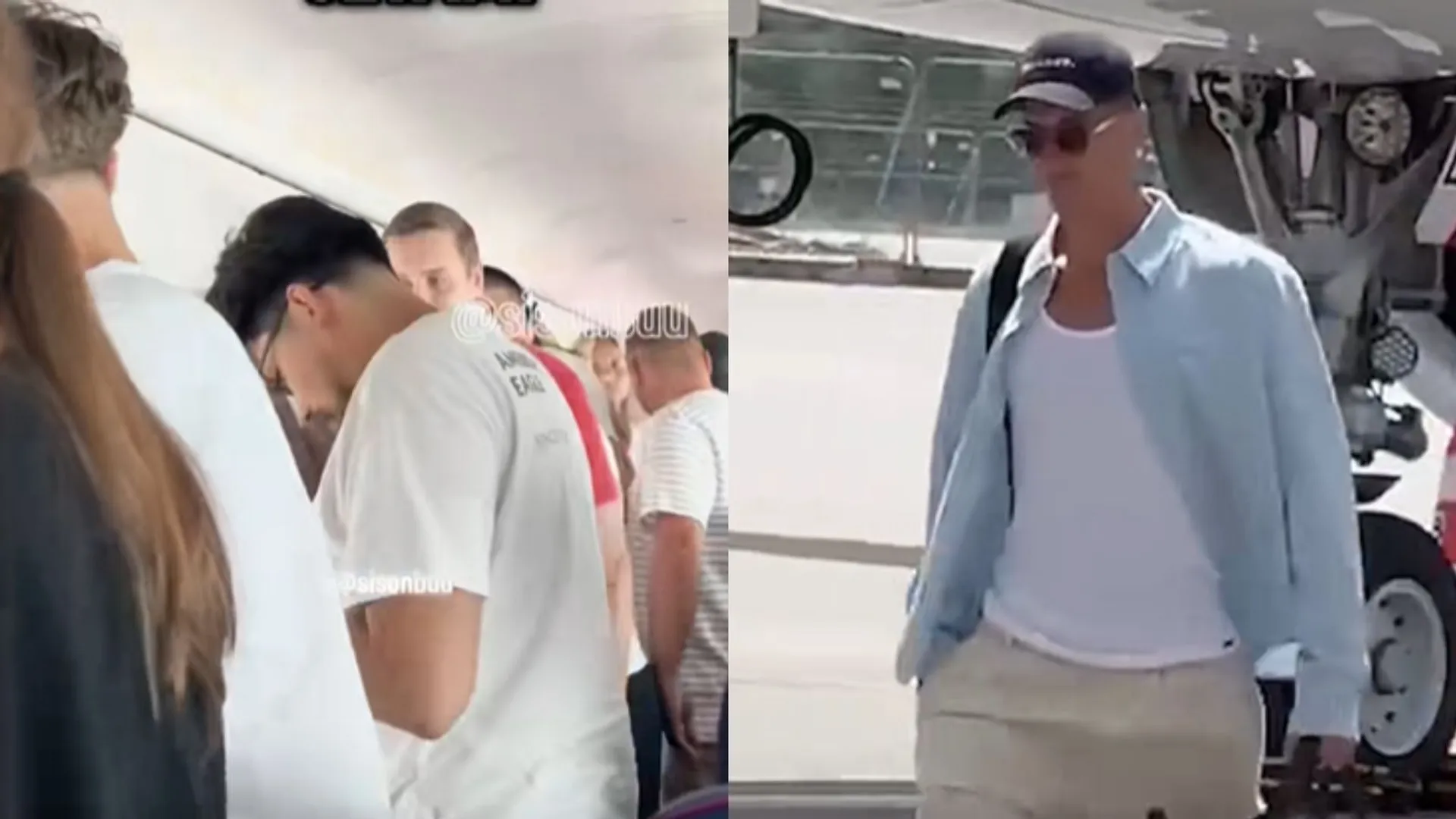 Robert Lewandowski na płycie lotniska, tłum ludzi w samolocie