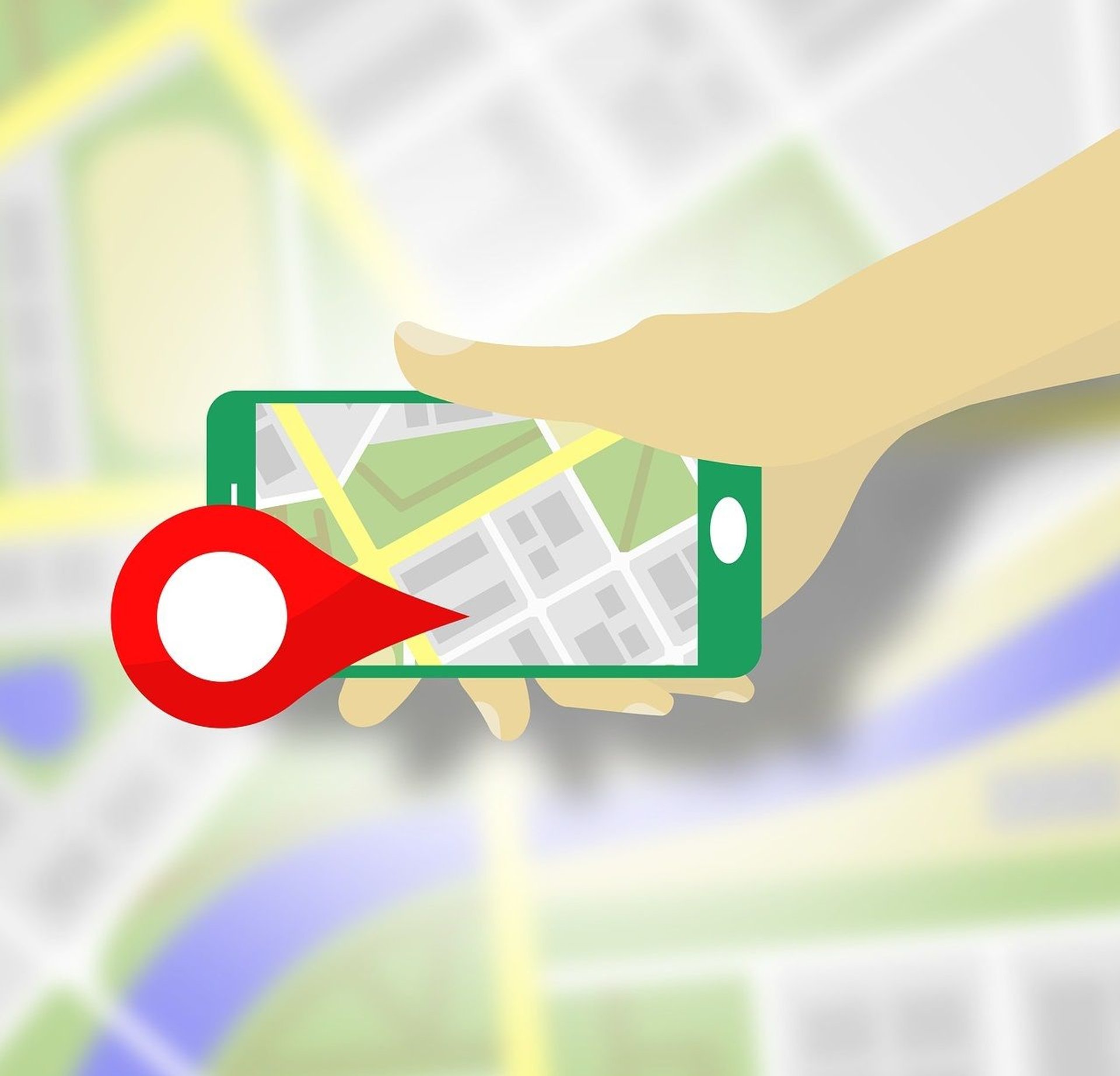 Grafika przedstawiająca smartfona trzymanego w dłoni z włączonym Google Maps.