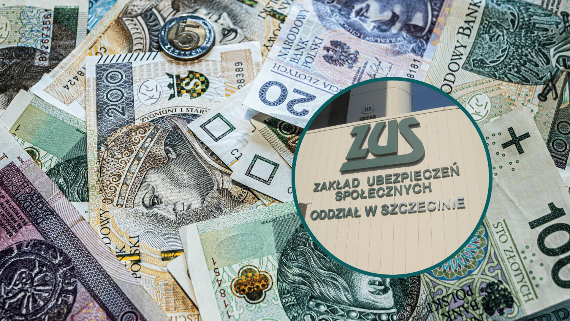 Polskie banknoty oraz budynek ZUS.
