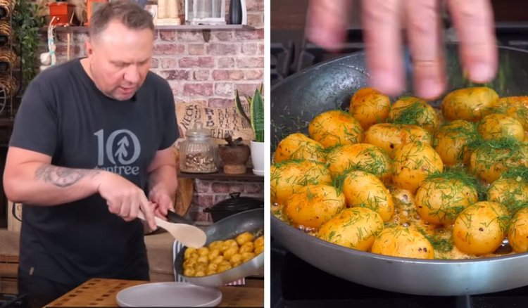 Strzelczyk przyrządza młode ziemniaki z patelni. Stawia na uwielbiany dodatek