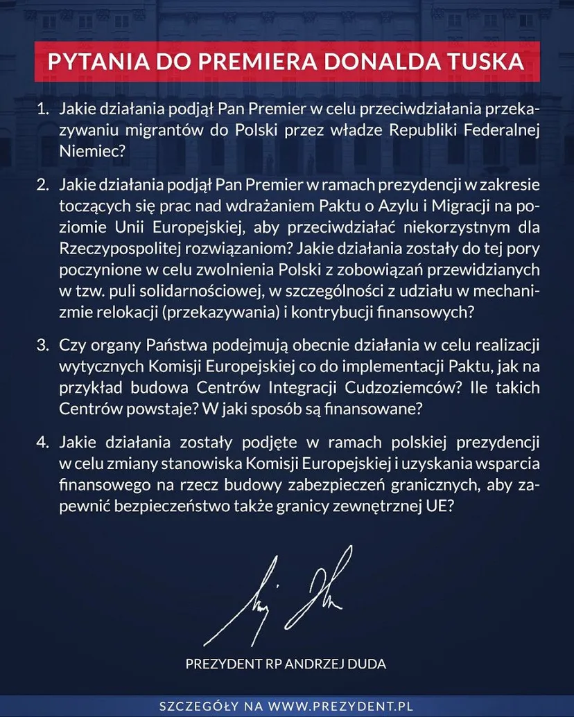 Ustawa azylowa podpisana. Duda zwrócił się z apelem do Tuska 