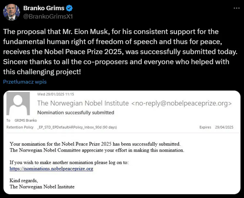 Elon Musk nominowany do Pokojowej Nagrody Nobla. Już raz mu się nie udało