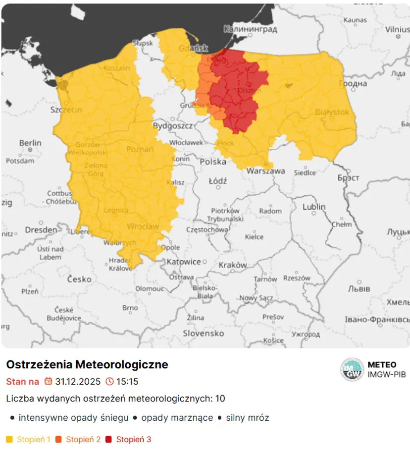 Prognozy IMGW na Sylwestra. Ta część Polski na pomarańczowo, ostrzeżenia 2. stopnia dla tego regionu