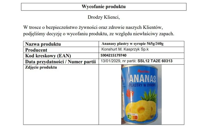 Auchan wycofuje produkt z całej Polski. Klienci zgłaszali niepokojący zapach