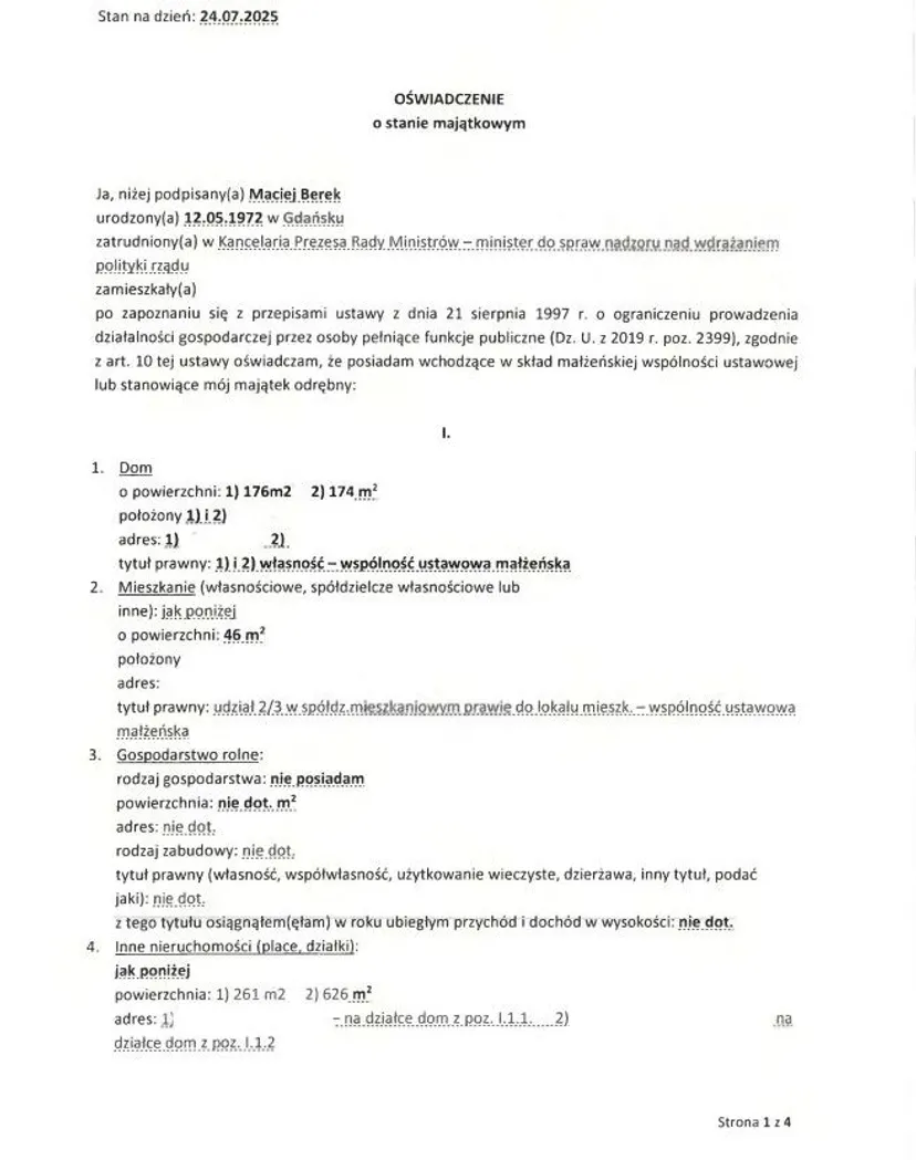 Majątek Macieja Berka. Kredyty w dwóch bankach i 63 tys. zł oszczędności