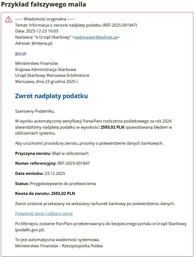 Zwrot nadpłaty podatku PIT. Otrzymałeś takiego maila, lepiej uważaj. Ministerstwo Finansów bije na alarm