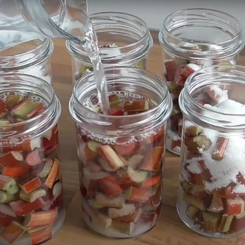 Pakuję rabarbar do słoików i robię kompot na zimę. Rodzina ciągle o niego prosi