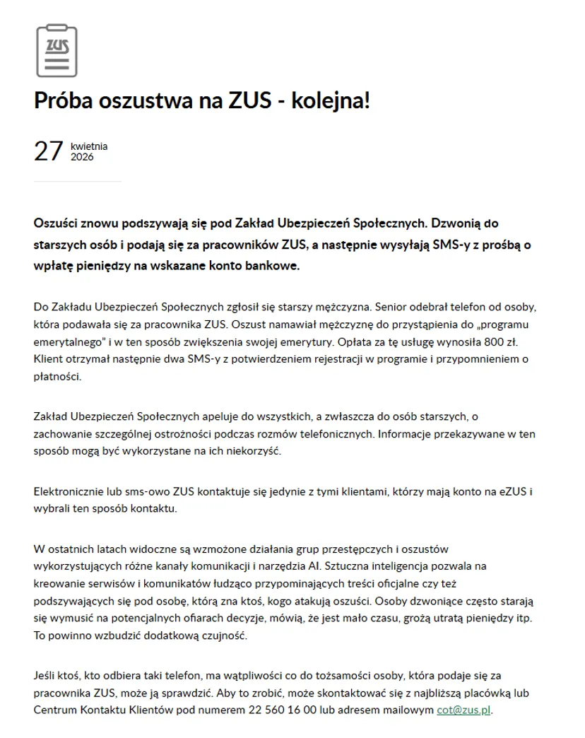 Obiecują wyższą emeryturę za 800 zł. ZUS ostrzega seniorów