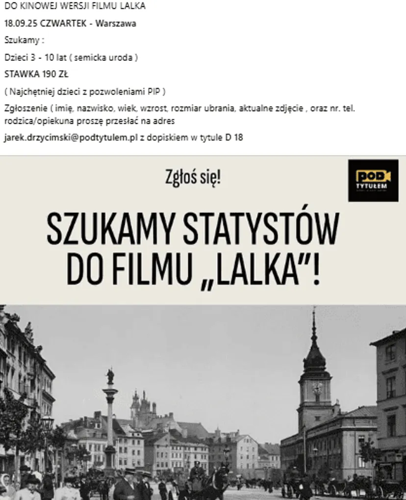 Kręcą nową "Lalkę" i szukają statystów. Podano stawki. Za dzień na planie sowita wypłata