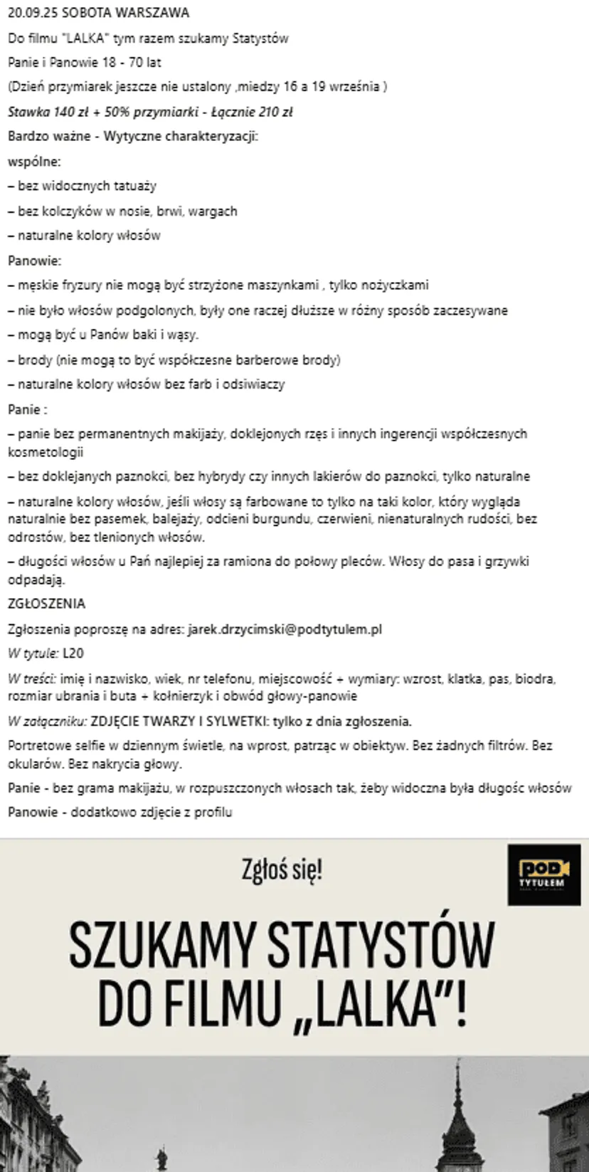 Kręcą nową "Lalkę" i szukają statystów. Podano stawki. Za dzień na planie sowita wypłata