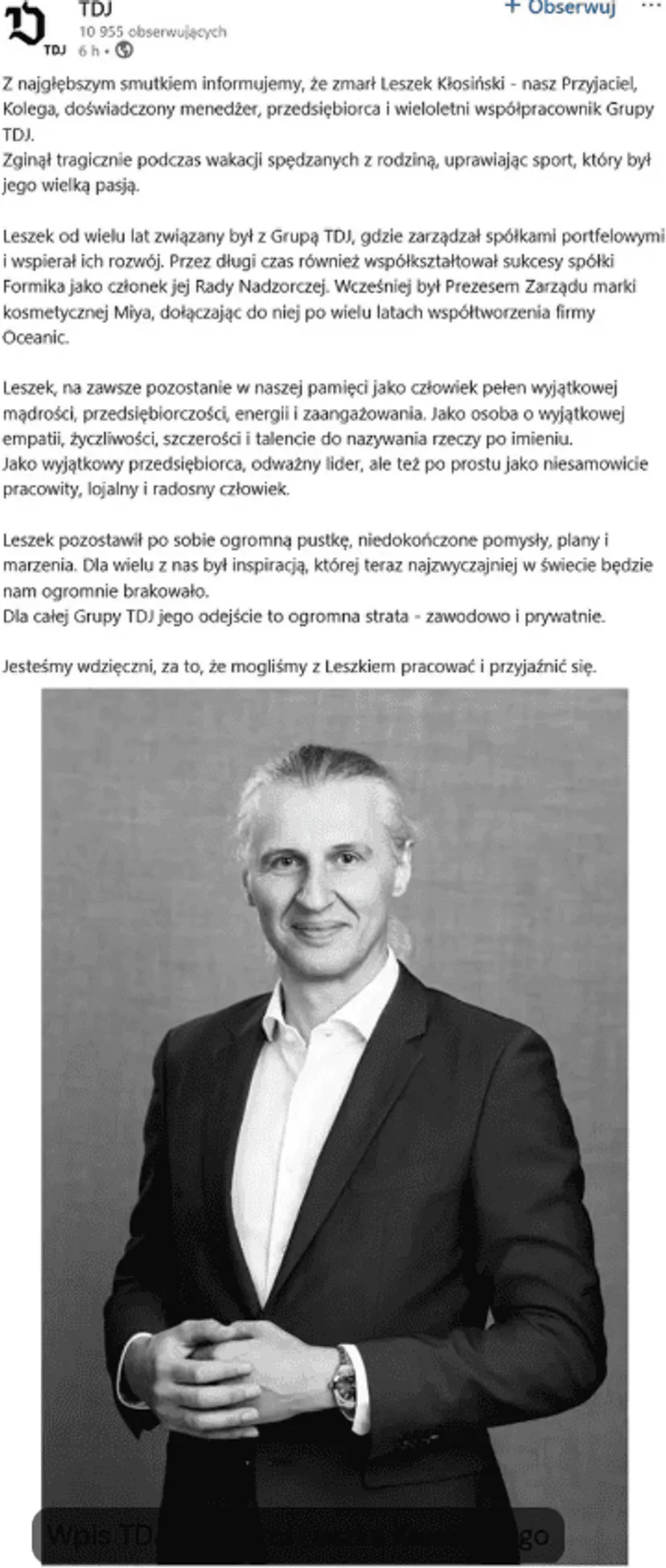 Nie żyje Leszek Kłosiński. Stał za sukcesem jednej z najbardziej rozpoznawalnych marek w kraju