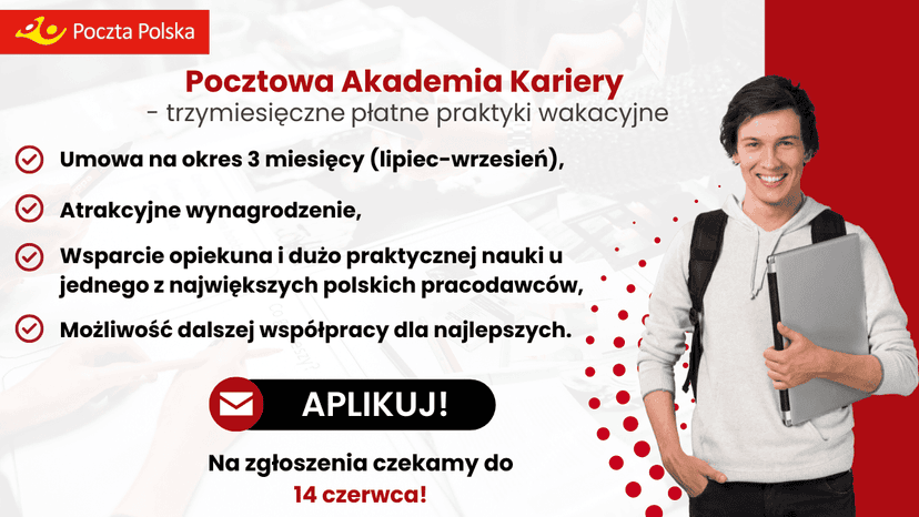 Poczta Polska zaprasza na płatne praktyki wakacyjne. Zgłoszenia należy przesłać do 14 czerwca