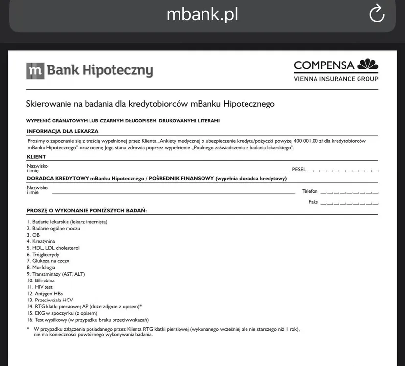 Badania kontrolne przed wzięciem kredytu hipotecznego. Interweniuje RPO. Bank wyjaśnia