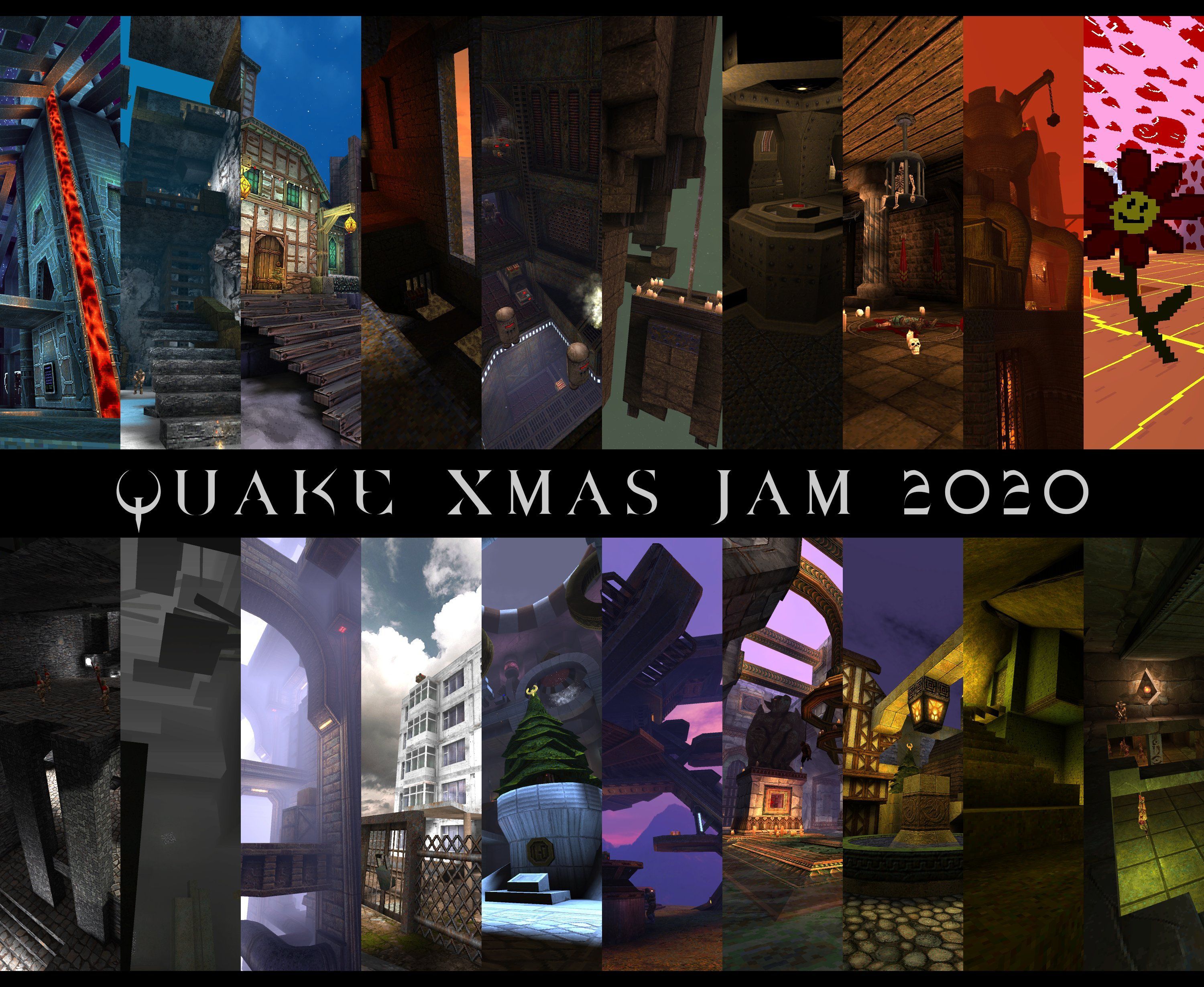 Kolaż ze sceenami z map na okazję Quake Xmas Jam 2020