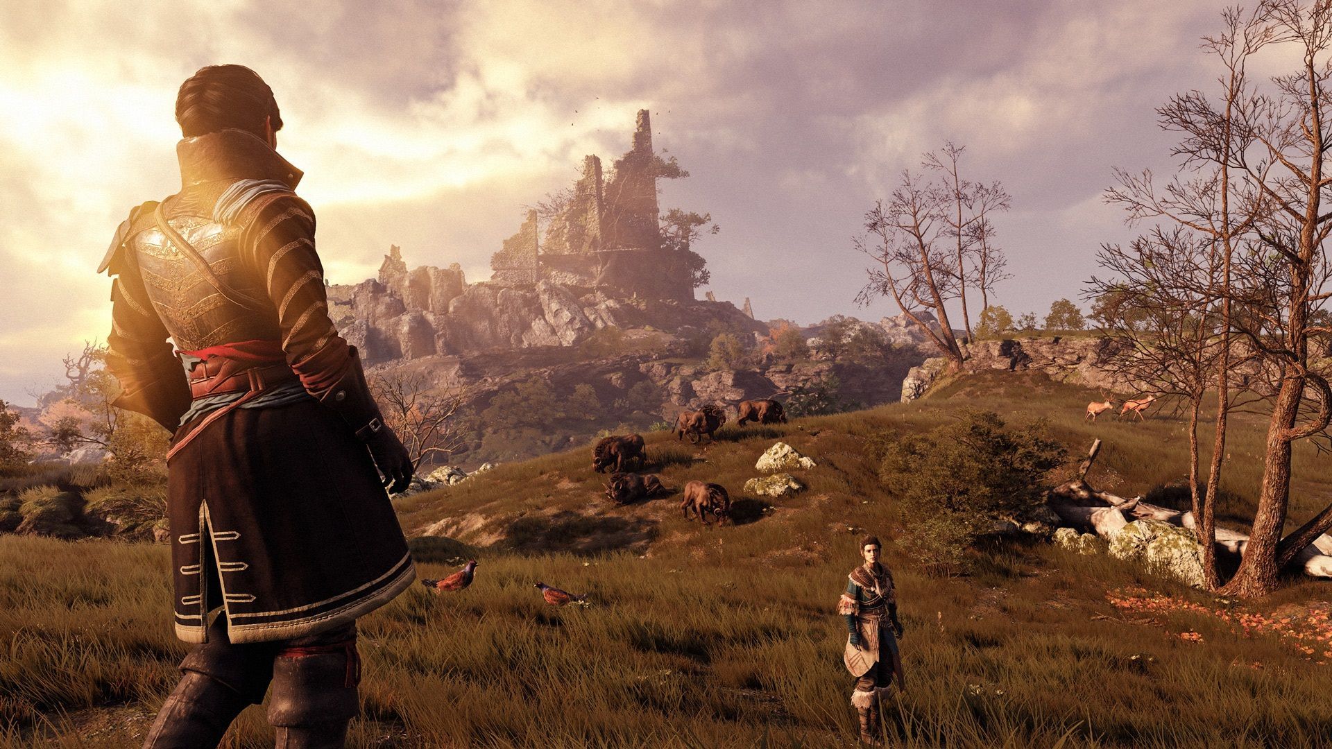 Screen z gry Greedfall przedstawiający dwójkę bohaterów na łące z ruinami w tle