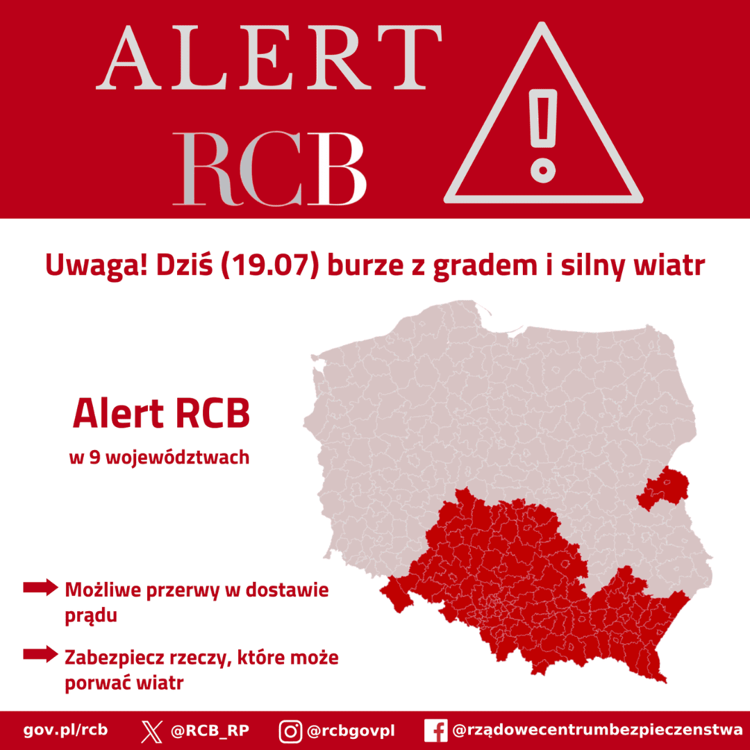 Alert RCB dla kolejnego województwa. Nadchodzą burze z gradem i silny wiatr
